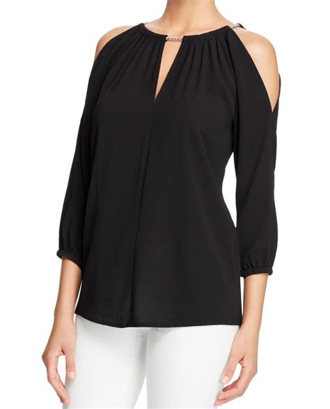 michael michael kors long sleeve cold shpulder blouse black|Michael Kors blouse with zipper.